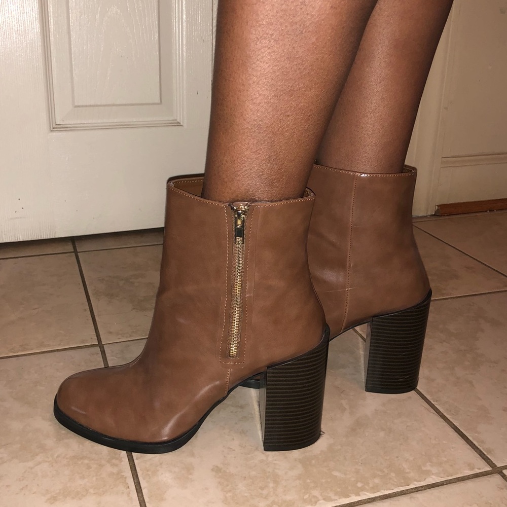 Brown Gold Zipper Booties.